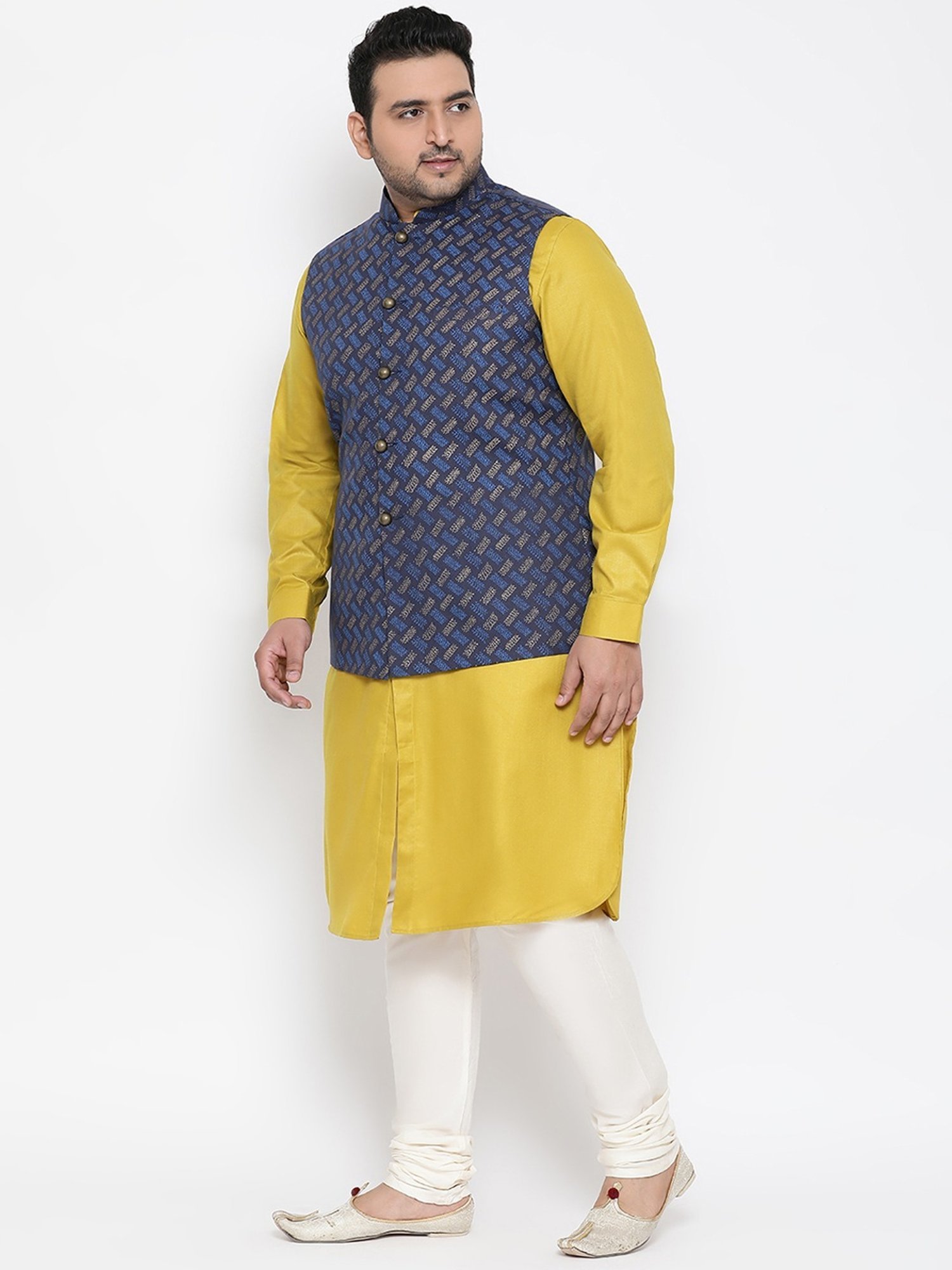 KISAH PLUS Navy & Mustard Regular Fit Printed Kurta Set With Jacket