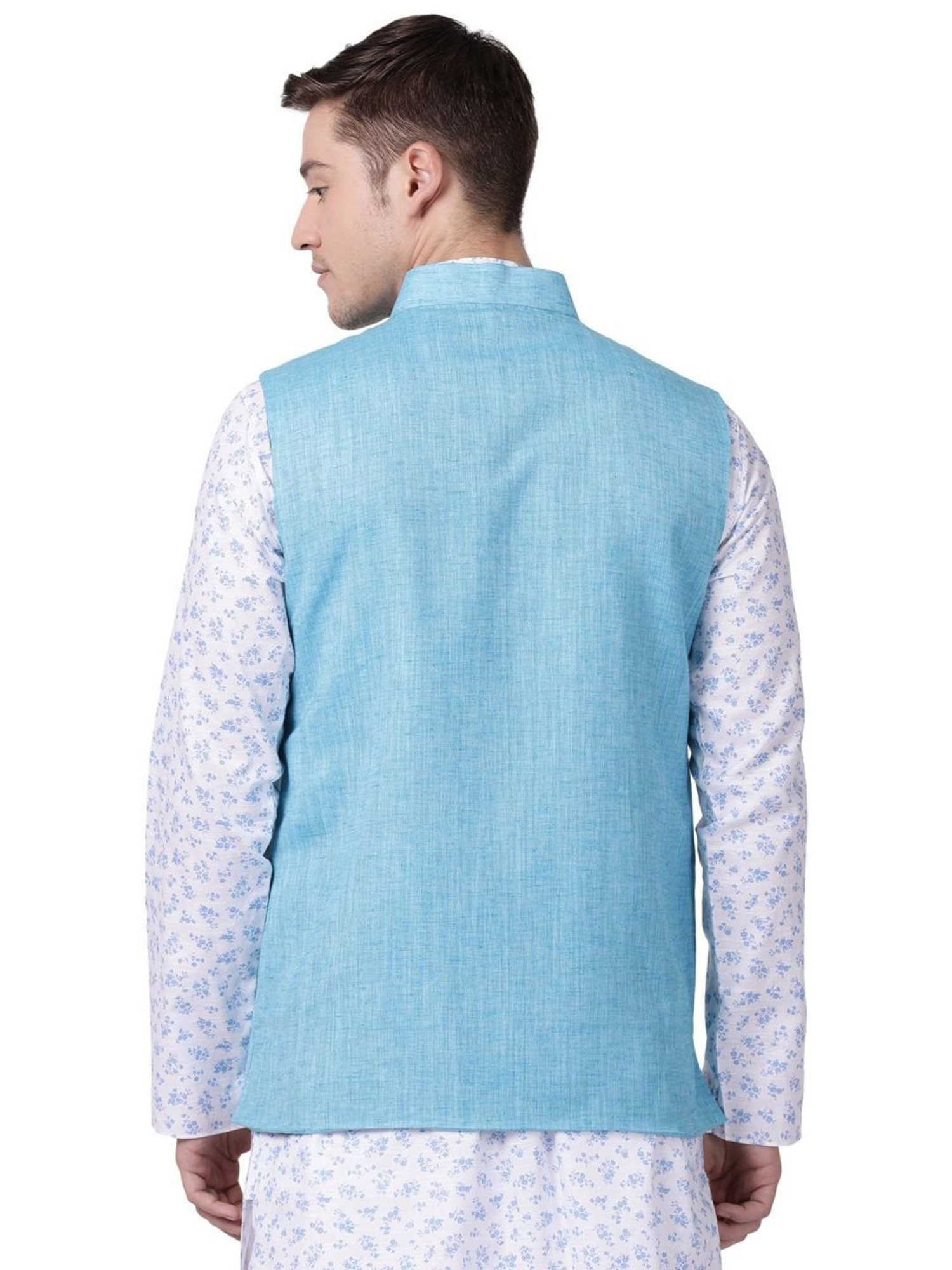 TABARD Blue Cotton Regular Texture Nehru Jacket