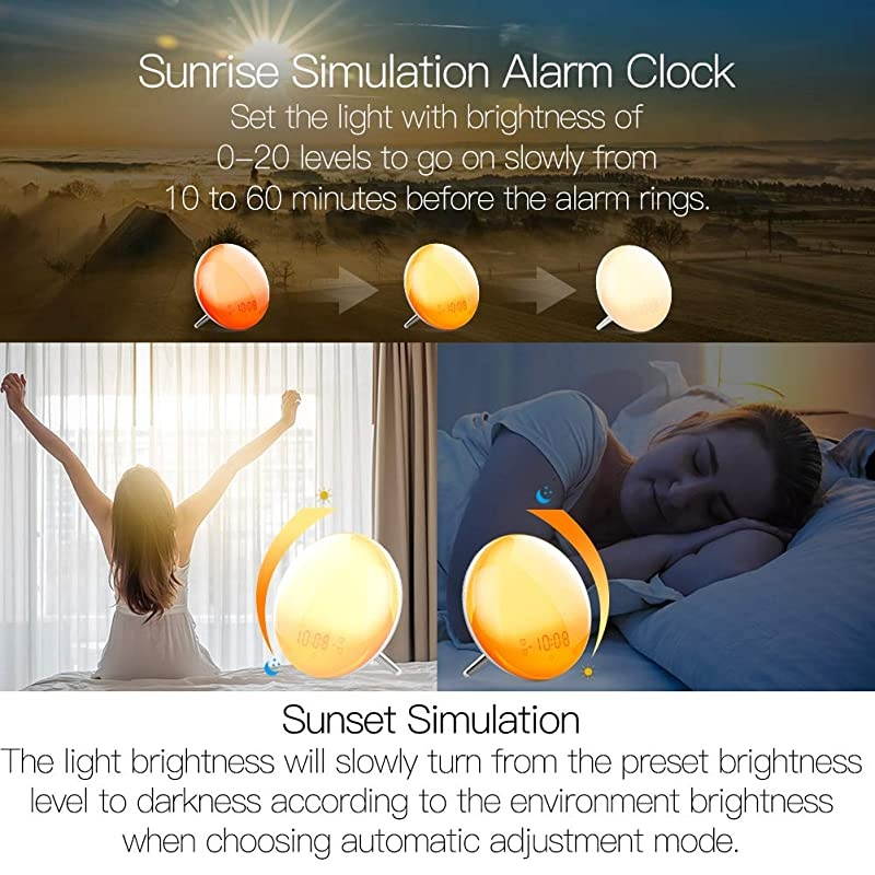 Smart Wake Up Light, WiFi Smart Sunrise/Sunset Simulation Alarm Clock, 2nd Generation Sleep Aid Digital Alarm Clock with 7 Colors/4 Alarms/FM Radio/Snooze Night Light ,Work with Alexa