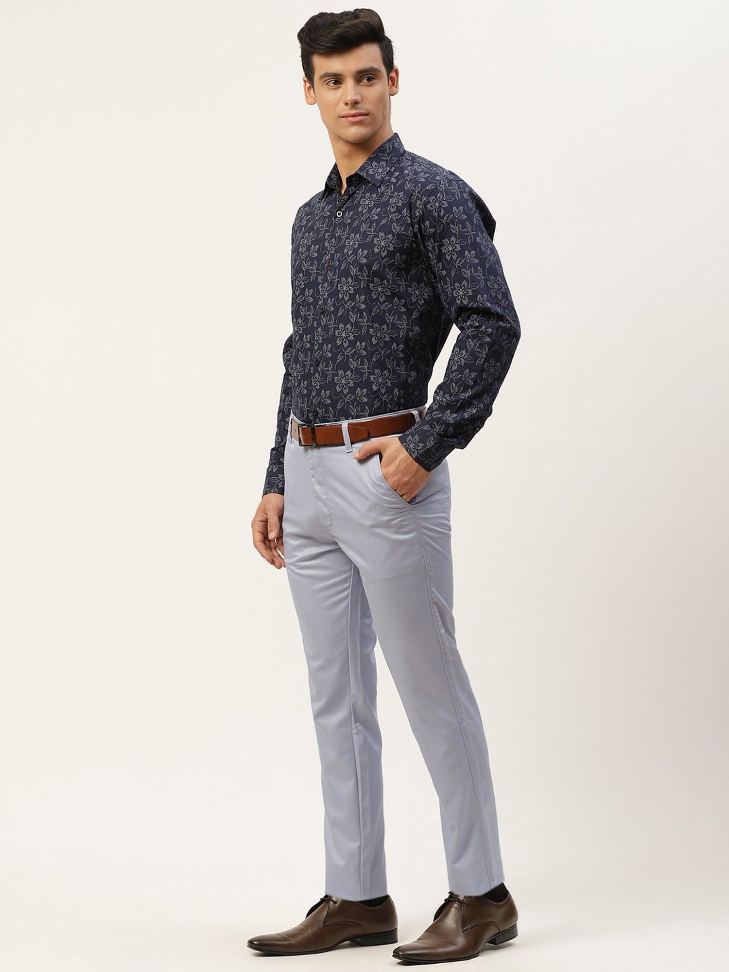 Sojanya Navy Cotton Regular Fit Floral Print Shirt