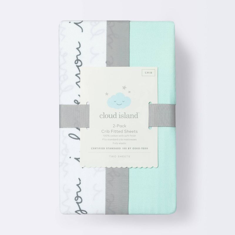 Crib Fitted Sheets I Love You and Mint Solid - Cloud Island™ Gray/Mint 2pk