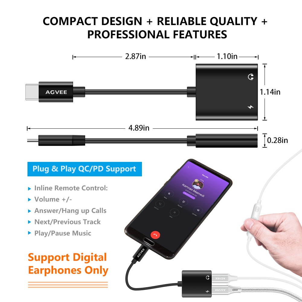 AGVEE Dual USB-C Headphone & Charging Adapter, Type-C Earbud Splitter, Duo USBC Audio & Charger Jack Earphone Dongle for Samsung S21 S20 FE 5G Ultra, Note 20 10, iPad Pro, Pixel 2 3 4 5 XL, Gray