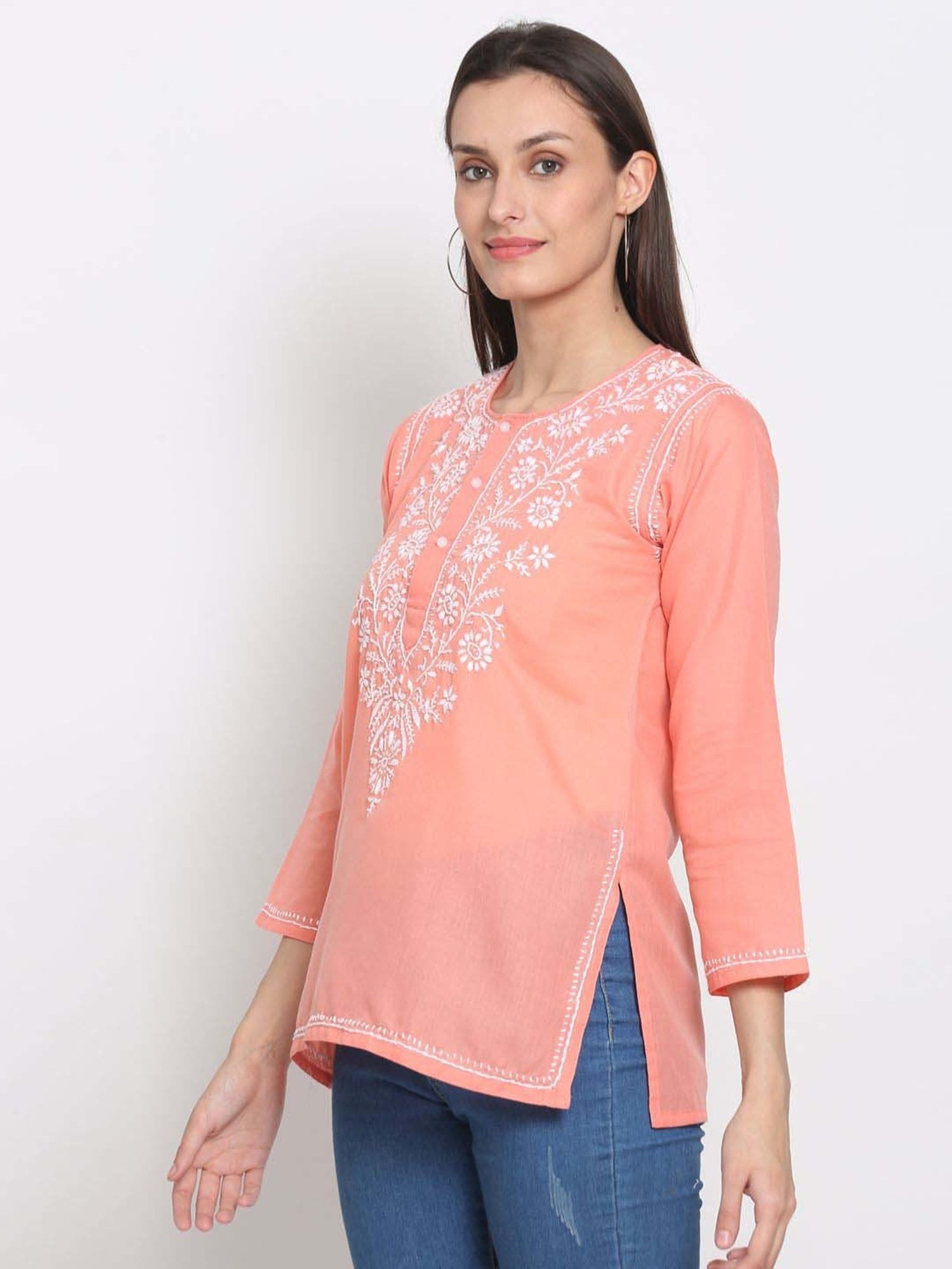 PARAMOUNT CHIKAN Peach Cotton Chikankari Straight Kurti