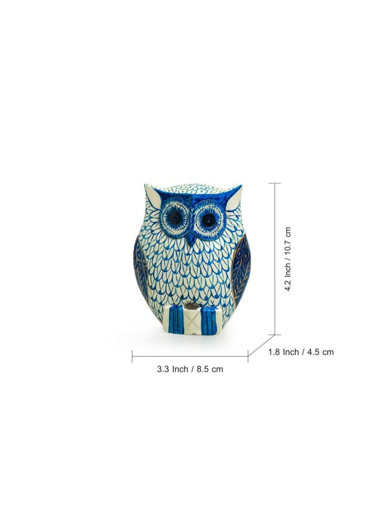 ExclusiveLane Hand-painted Ocean Blue & White Eucalyptus Wood The Staring Owl Showpiece