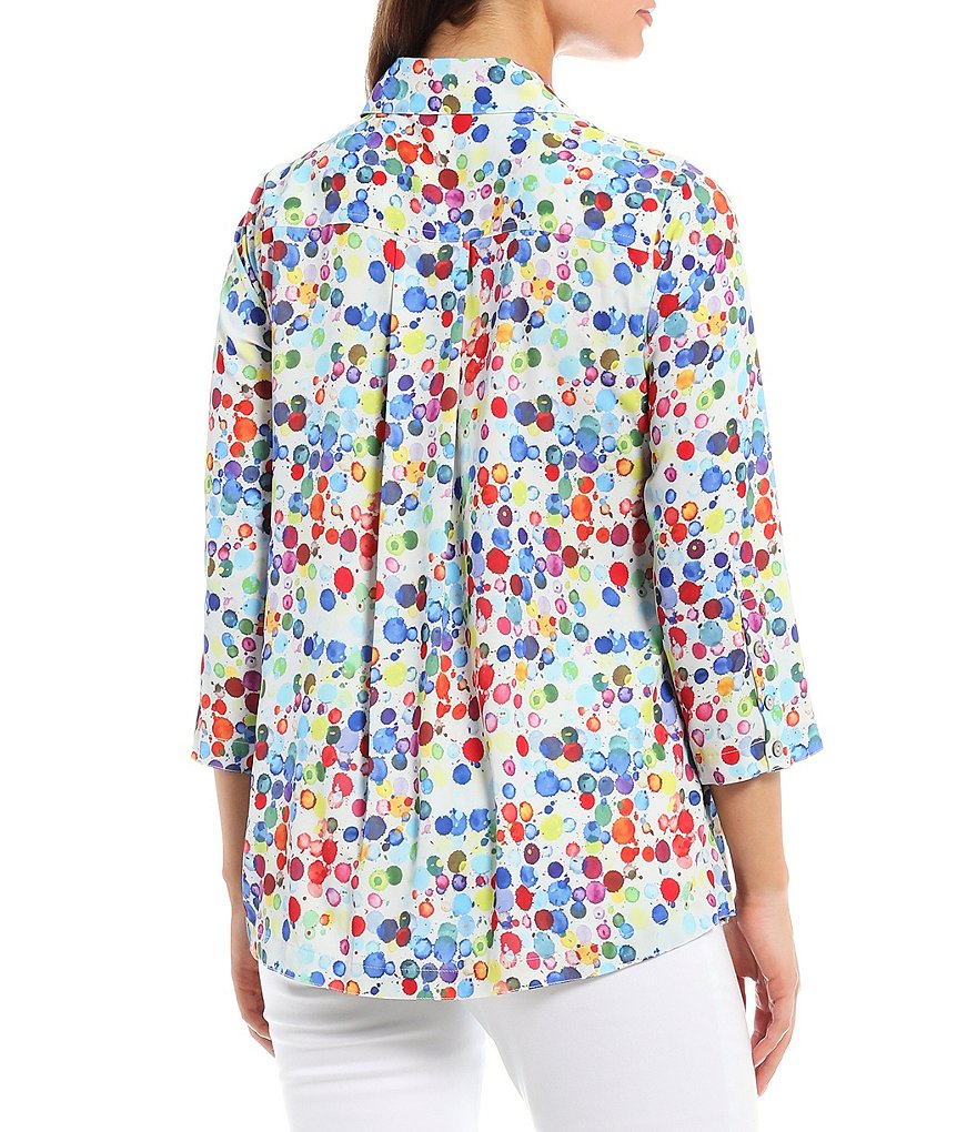 John Mark Colorful Dot Print Button Front Hi-Low Blouse