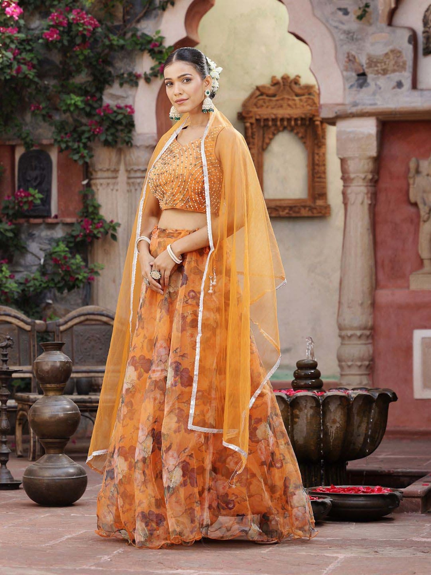 Stylum Orange Printed Lehenga Choli Set With Dupatta