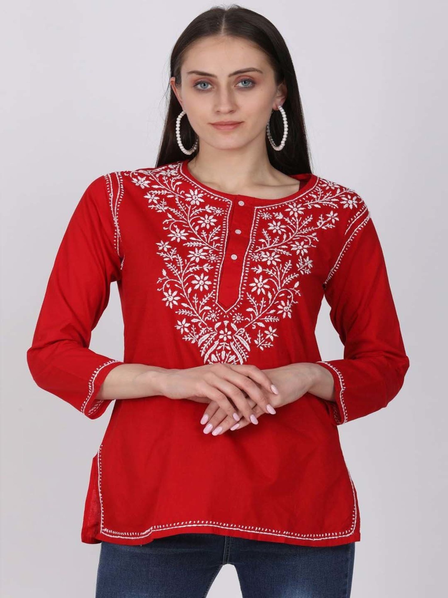 PARAMOUNT CHIKAN Red Cotton Chikankari Straight Kurti