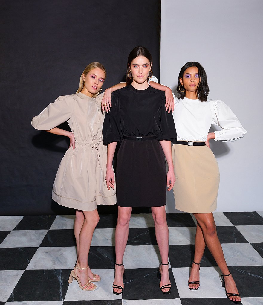 LDT Alecia Two-Tone Long Puffed Sleeve Belted Stretch Crepe Dress