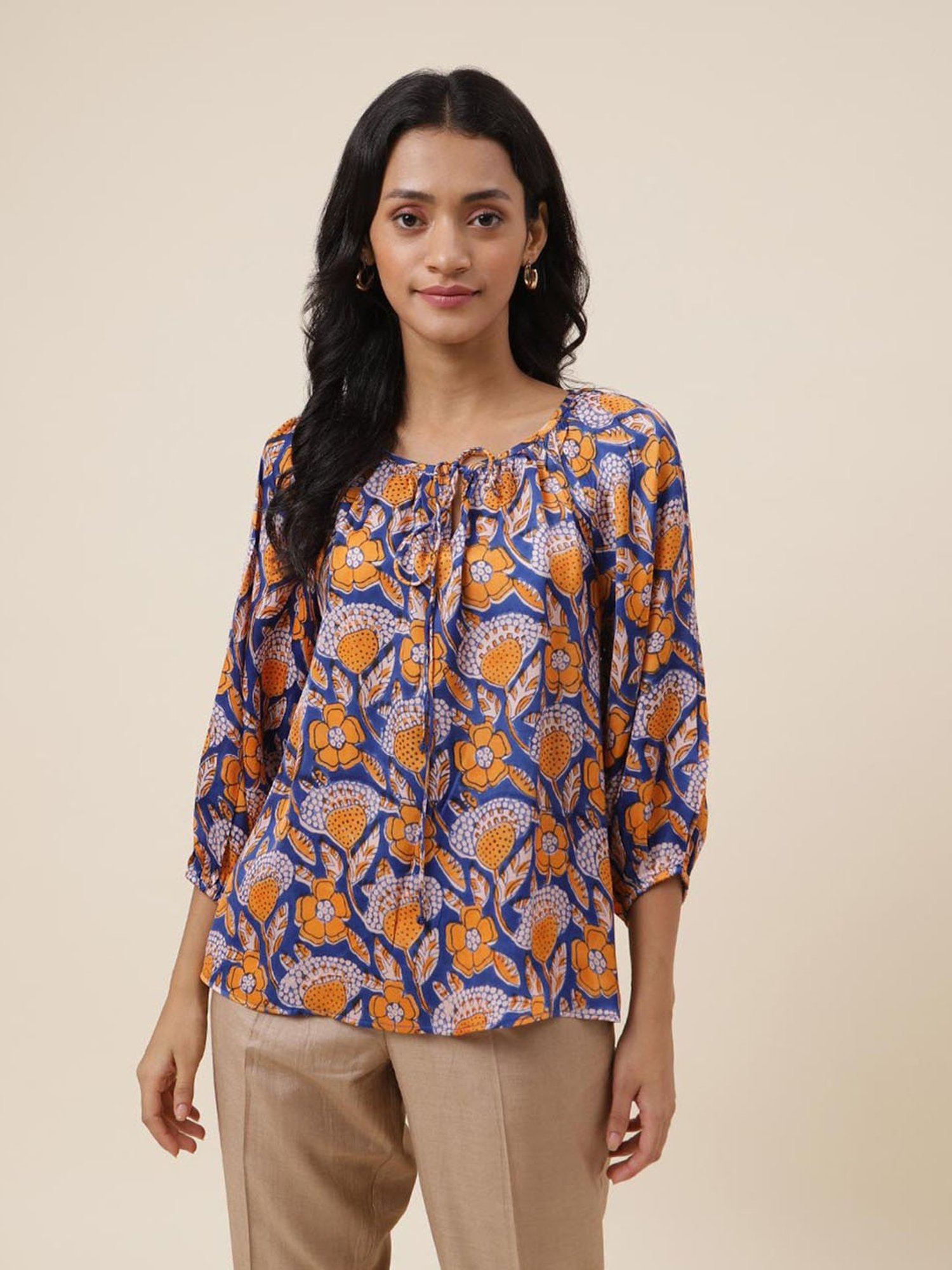 Fabindia Royal Blue & Mustard Printed Top