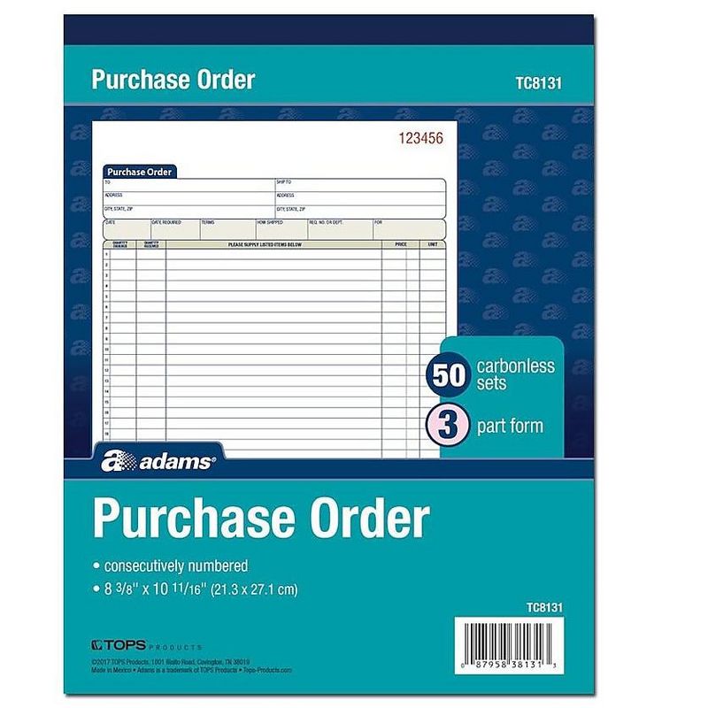 Adams Purchase Order Book Carbonless 3-Part 8-3/8"x10-11/16" WE TC8131
