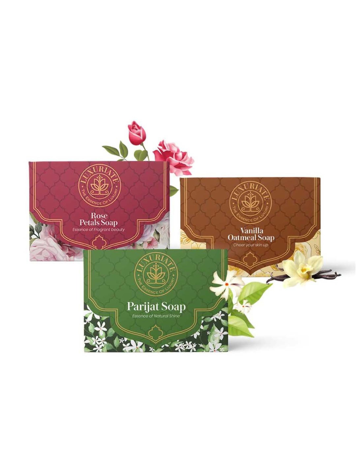 Luxuriate Rose, Vanilla Oatmeal & Parijat Refreshing Handmade Soap Bar Pack of 3 - 375 gm