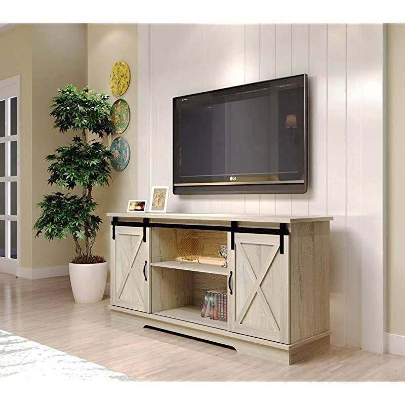 Sliding Barn Door TV Stand for TVs up to 65", Home Living Room Entertainment Center, Wood Storage Cabinet with Doors and Shelve, White Oak
