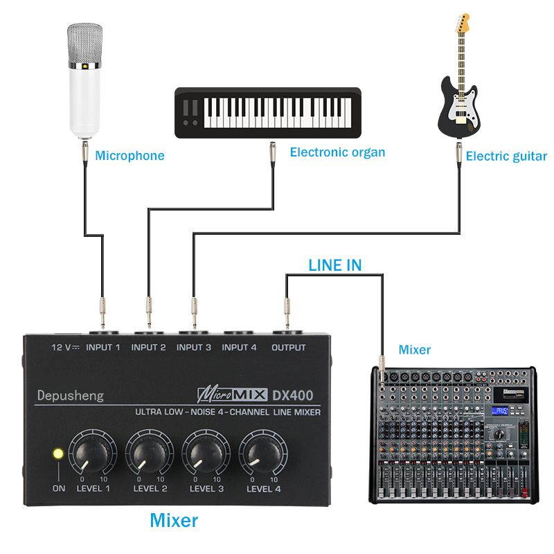 Depusheng DX400 4 Channels Mixer Mixing Console Ultra Compact Low Noise Line Mono Audio Mixer with Power Adapter