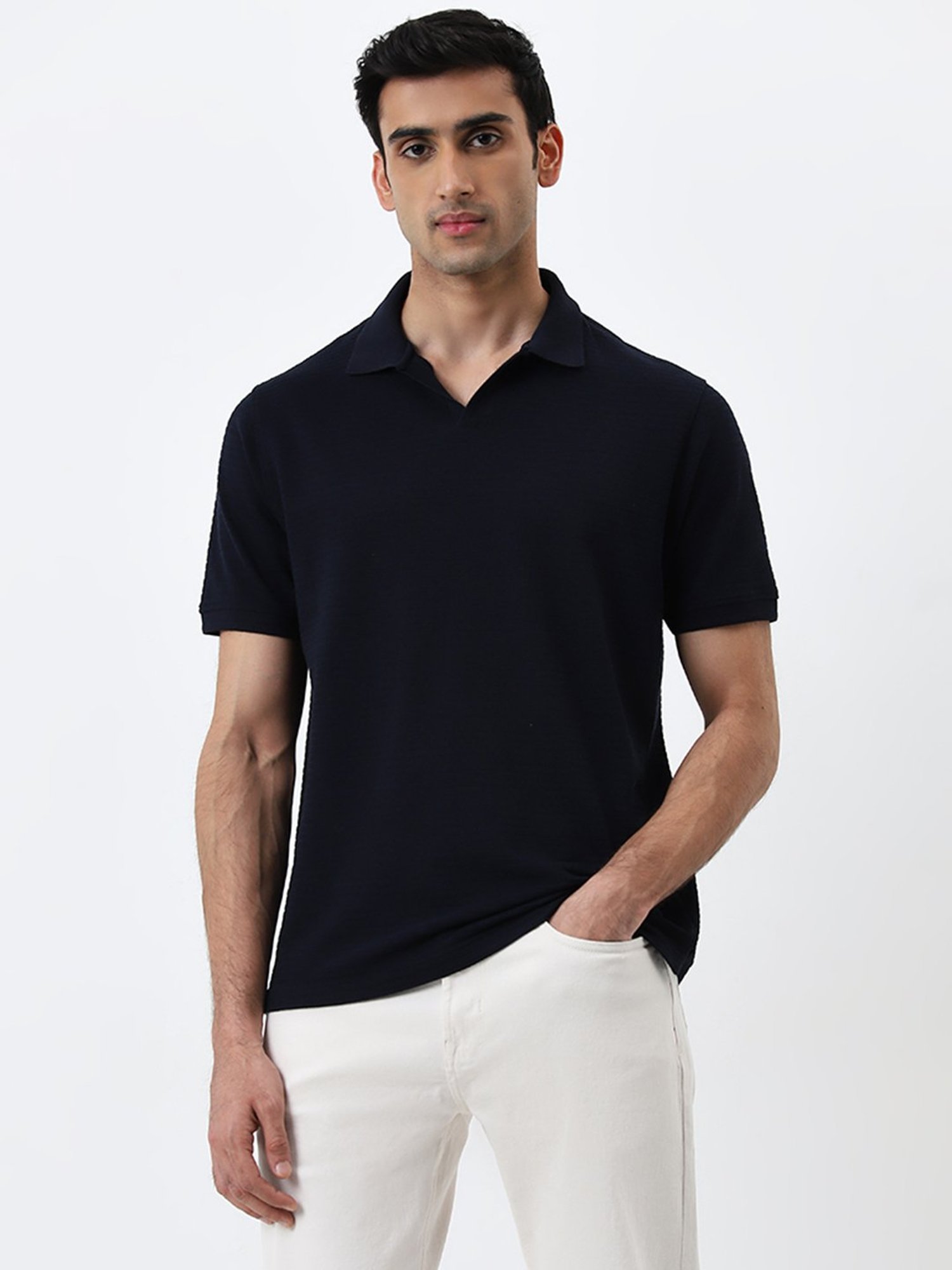 WES Casuals by Westside Navy Self-Stripe Relaxed-Fit Polo T-Shirt