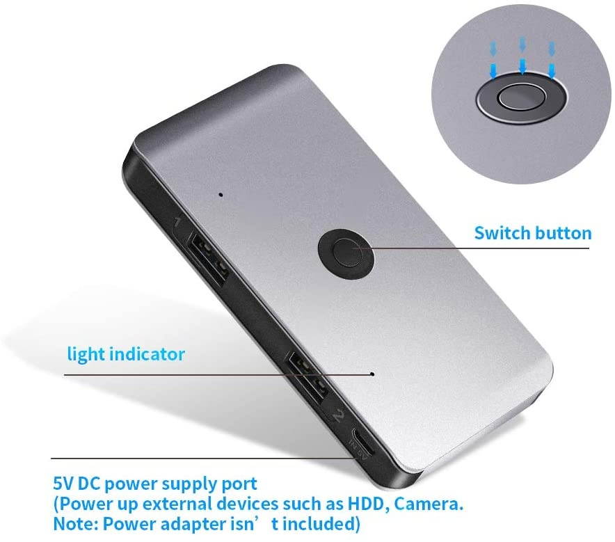 Rocketek USB Switch, USB Sharing Switch for 2 Computers Sharing 4 USB 2.0 Ports, KVM Switches for PCs with One-Button Swapping and 2 Pack USB Cable