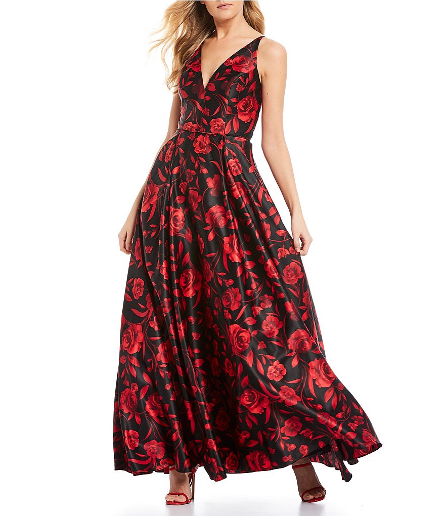 Blondie Nites Spaghetti Strap V-Neck Floral Satin Ball Gown