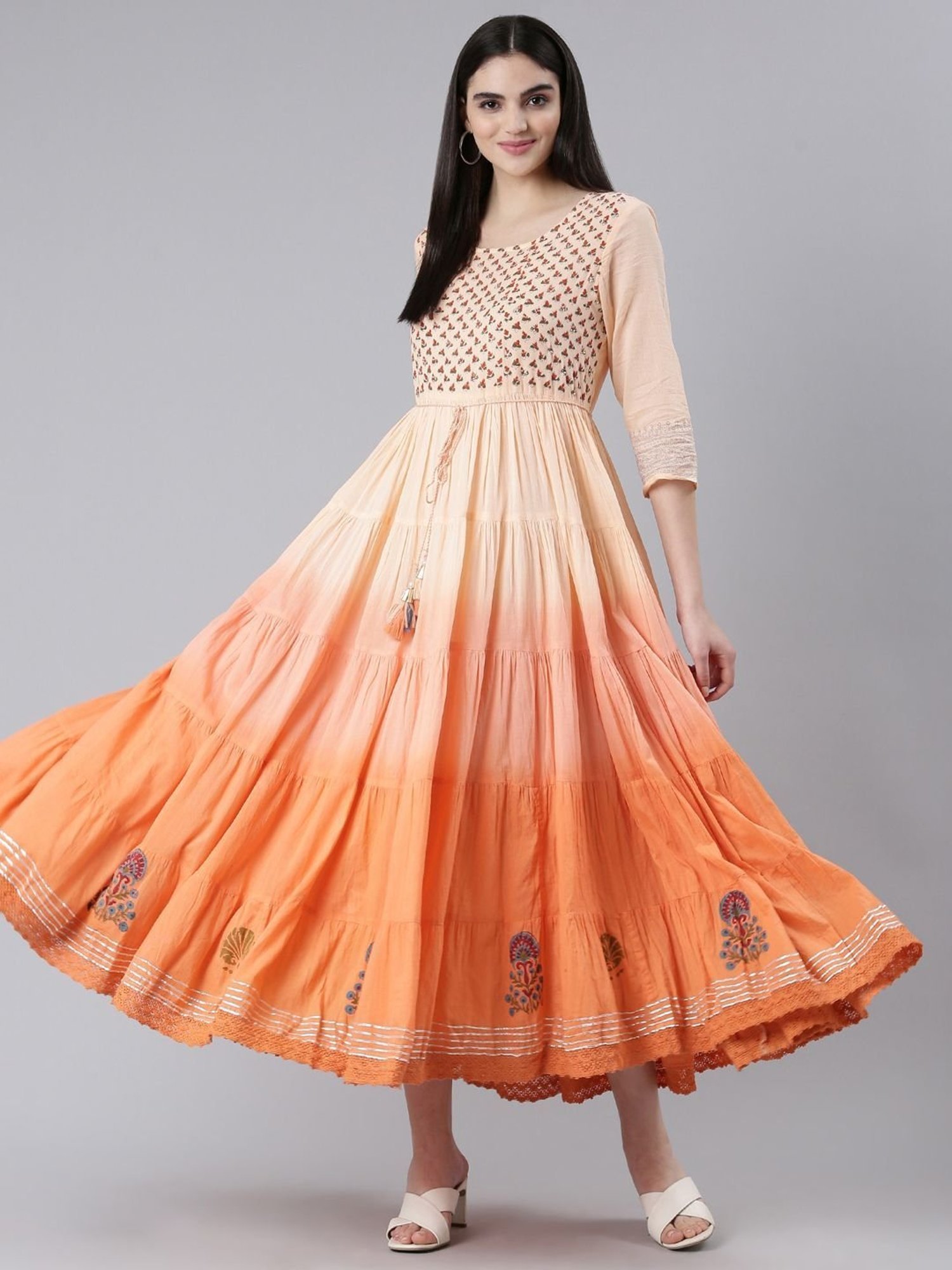 Neerus Peach Cotton Printed Princess Panel Dress