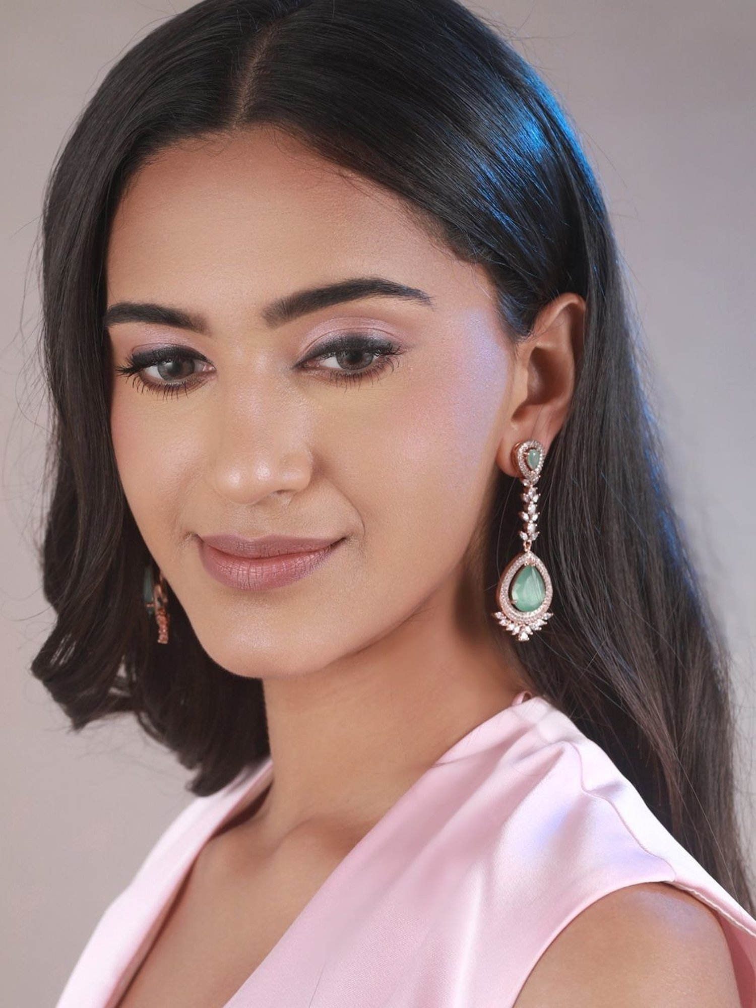 Priyaasi Mint Green Pear Leaf Rose Gold-Plated Earrings