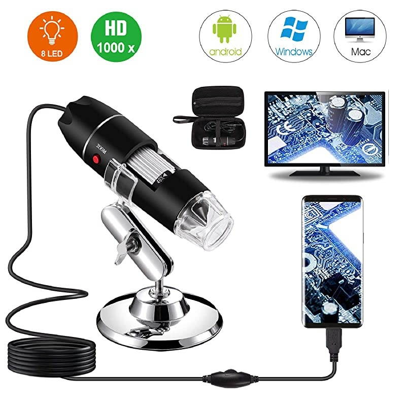 USB Digital Microscope 40X to 1000X 8 LED Magnification Endoscope Camera with Carrying Case amp Metal Stand Compatible for Android Windows 7 8 10 Linux Mac