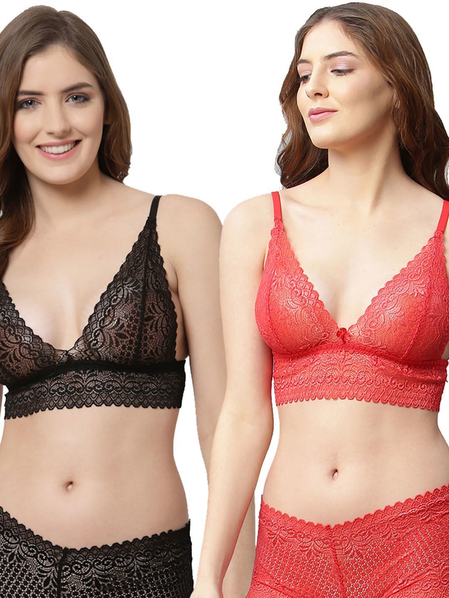 Cukoo Black & Red Lace Full Coverage Bra With Panty (Pack Of 2)