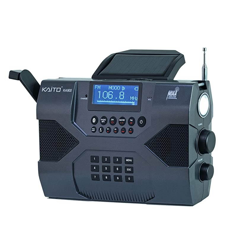 Emergency Radio Voyager Max KA900 Digital Solar Dynamo Crank Wind Up AMFMSW amp NOAA Weather Stereo Radio Receiver with Bluetooth Realtime Alert MP3 Player Recorder amp Phone Charger Black