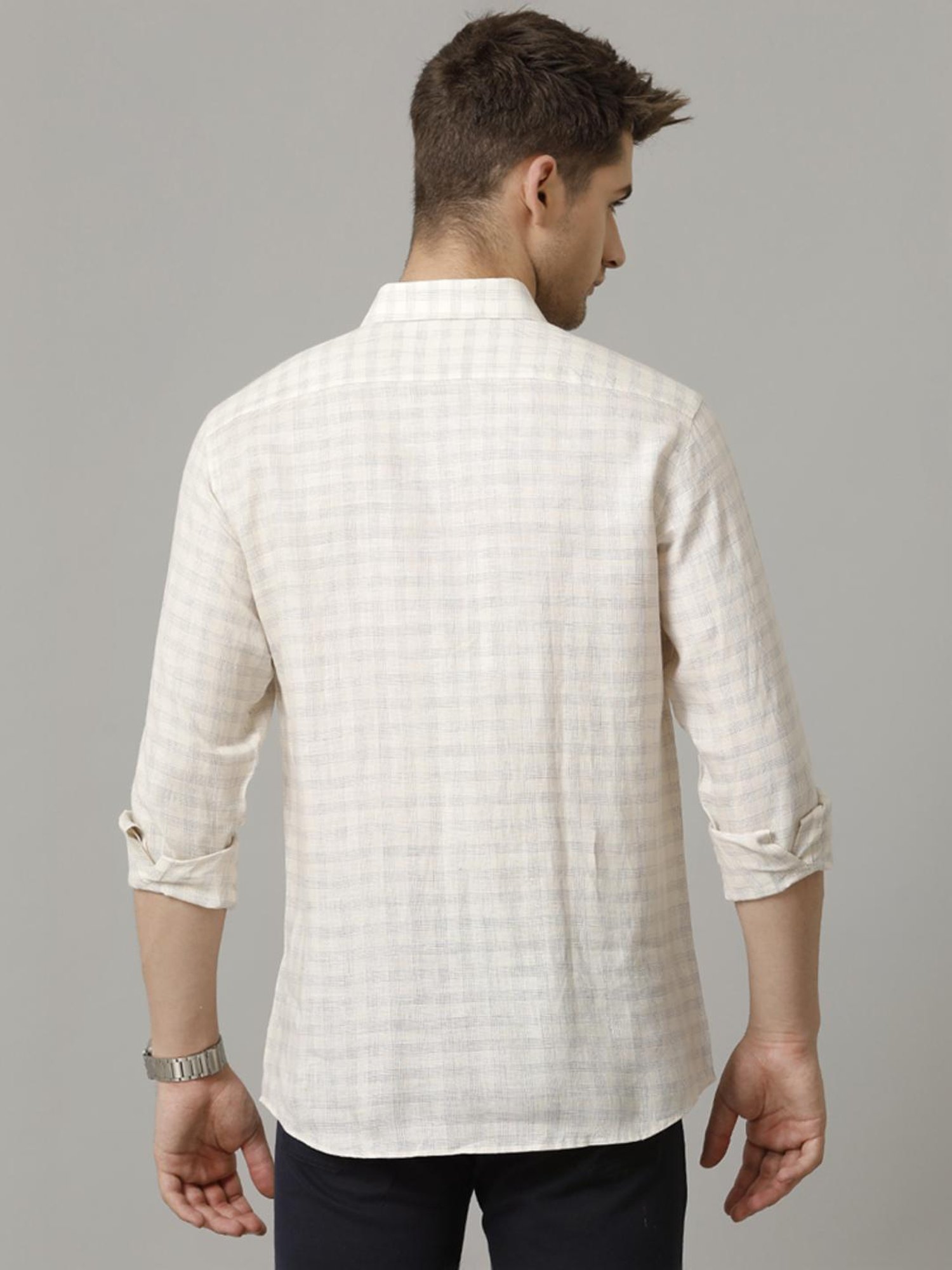 Linen Club Beige Linen Contemporary Fit Checks Shirt