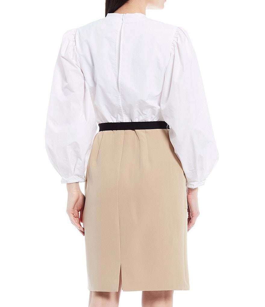 LDT Alecia Two-Tone Long Puffed Sleeve Belted Stretch Crepe Dress