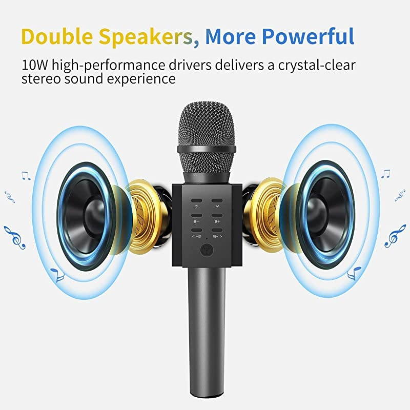 008 Wireless Bluetooth Karaoke Microphone,Louder Volume 10W Power, More Bass, 3-in-1 Portable Handheld Double Speaker Mic Machine for iPhone/Android/iPad/PC (Black)