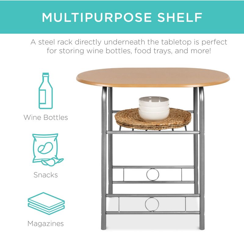 Best Choice Products 3-Piece Wood Dining Room Round Table & Chairs Set w/ Steel Frame, Built-In Wine Rack - Natural