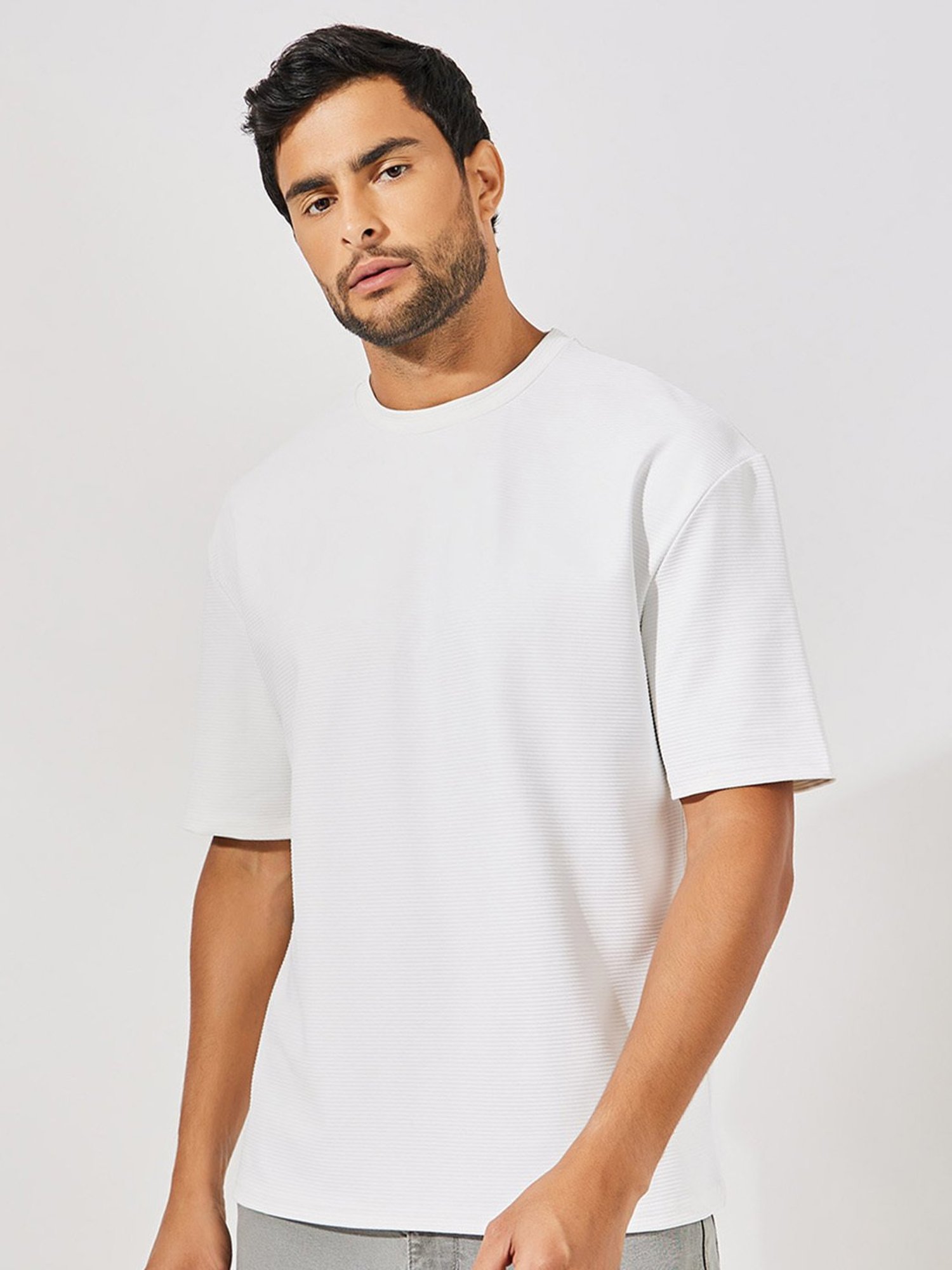 Styli White Relaxed Fit Striped Oversized Crew T-Shirt