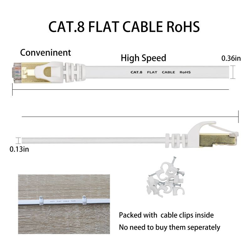 Cat 7 Ethernet Cable 100 ft LAN Cable Internet Network Cord for PS4, Xbox, Router, Modem, Gaming, White Flat Shielded 10 Gigabit RJ45 High Speed Computer Patch Wire.
