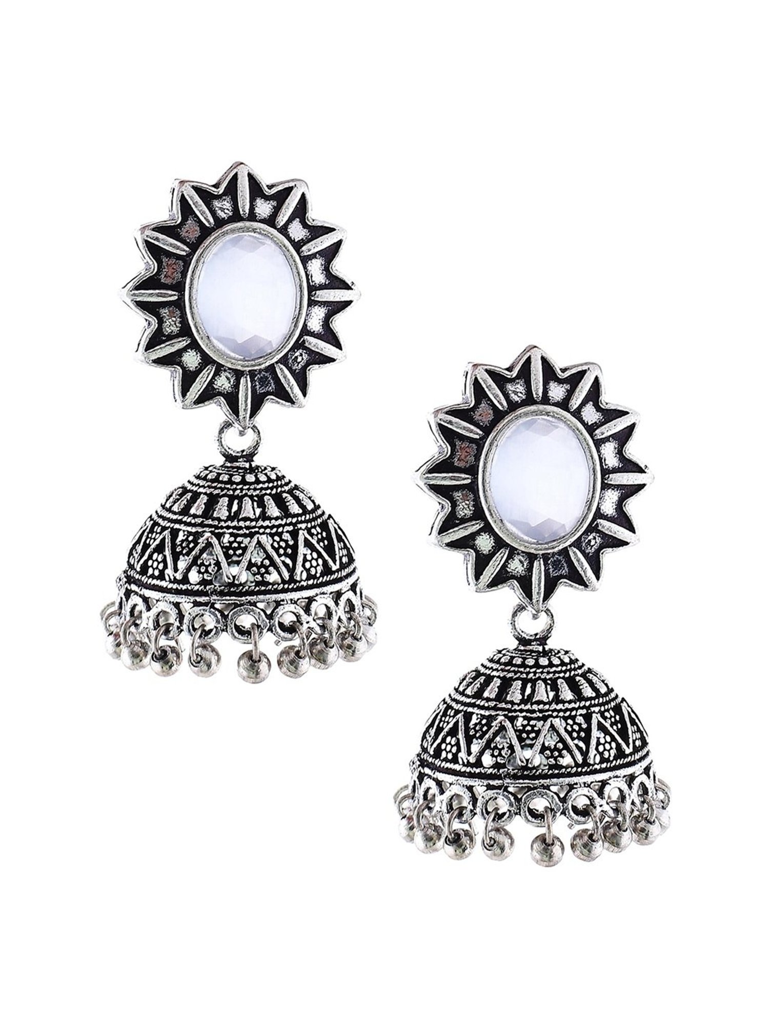 Imli Street White Silver Tone Stone-Studded Handcrafted Jhumki Earrings