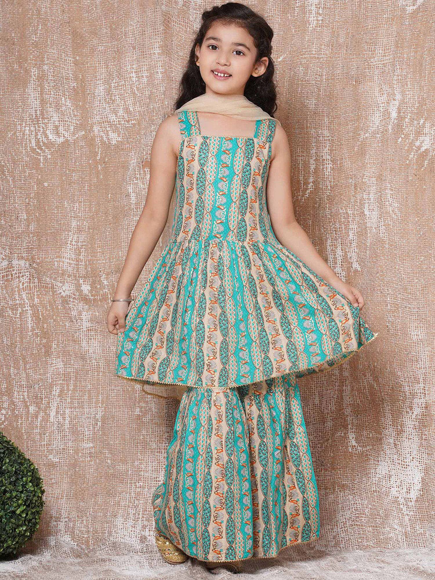 AJ Dezines Kids Green & Beige Floral Print Kurta, Sharara with Dupatta