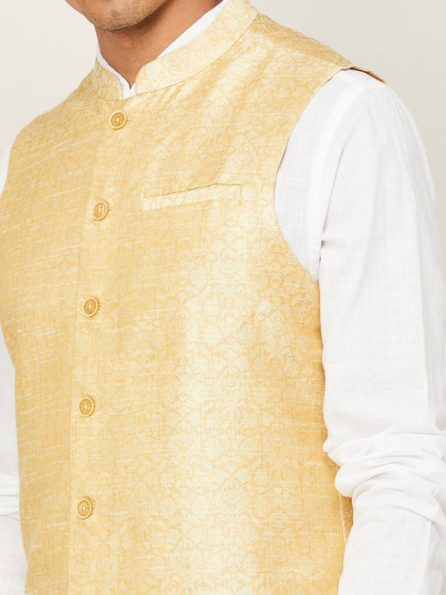 Melange By Lifestyle Beige Cotton Regular Fit Printed Nehru Jacket