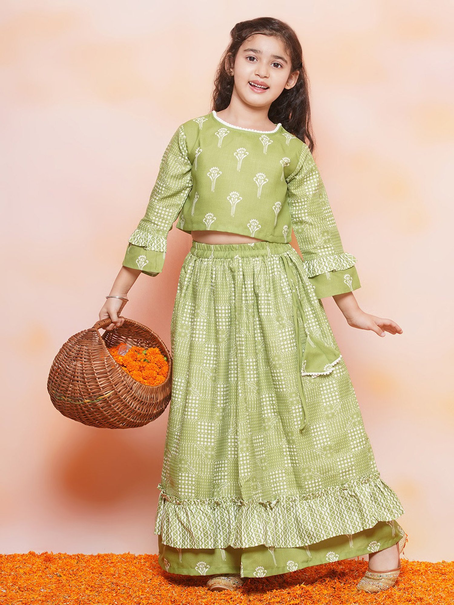 AJ Dezines Kids Olive Printed Lehenga with Choli