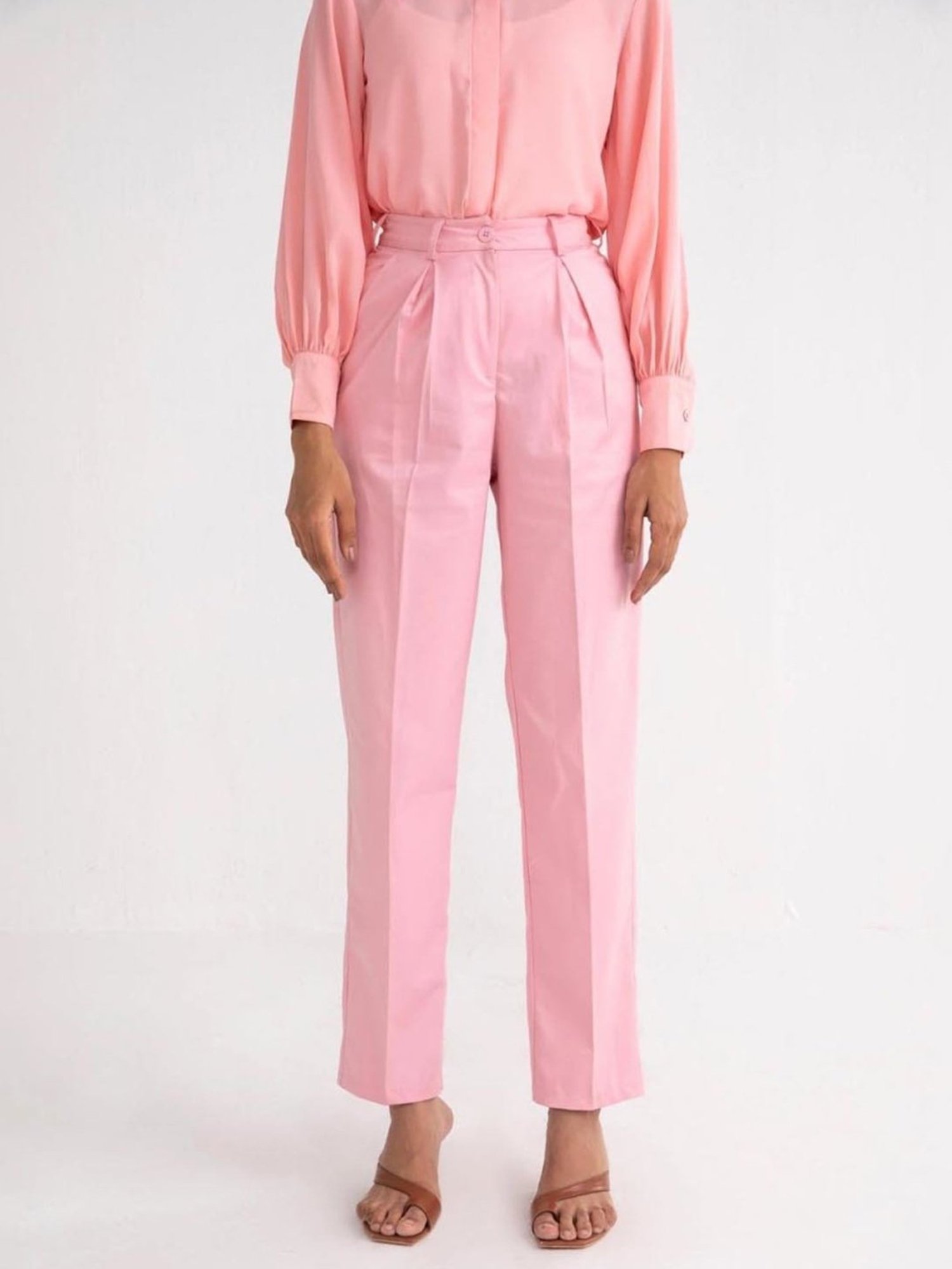 Qua Blush Pink Pleated Straight Trousers