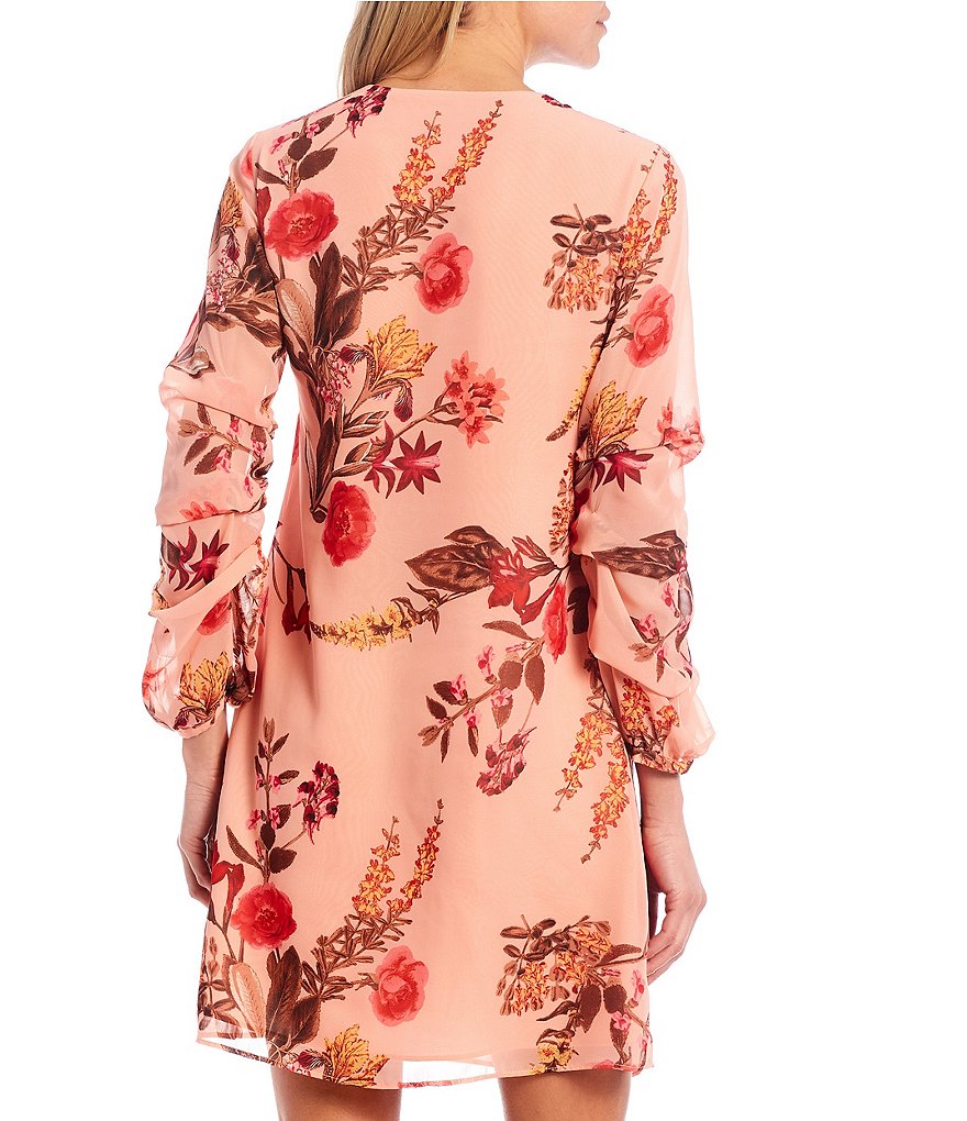 Vince Camuto Shirred Long Sleeve Floral Chiffon Shift Dress