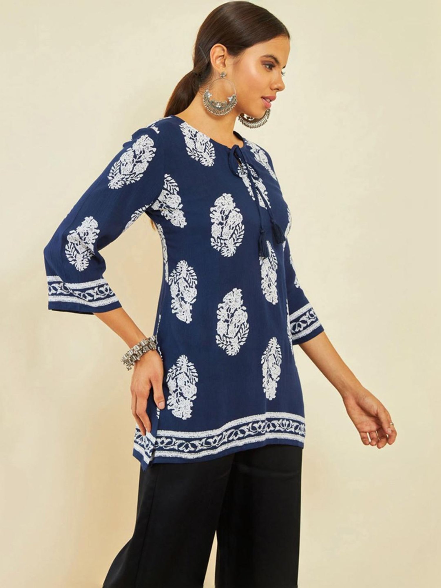 Soch Navy Blue Crepe Floral Print Round-Neck Tunic with Vented Hemline