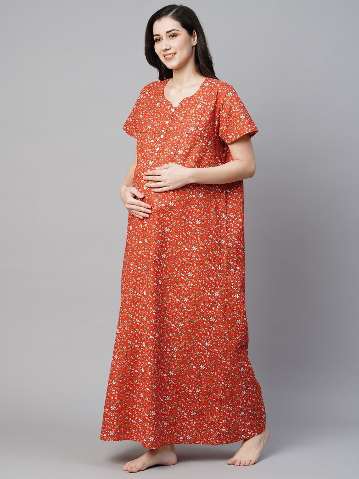MomToBe Rust Cotton Printed Feeding Nighty