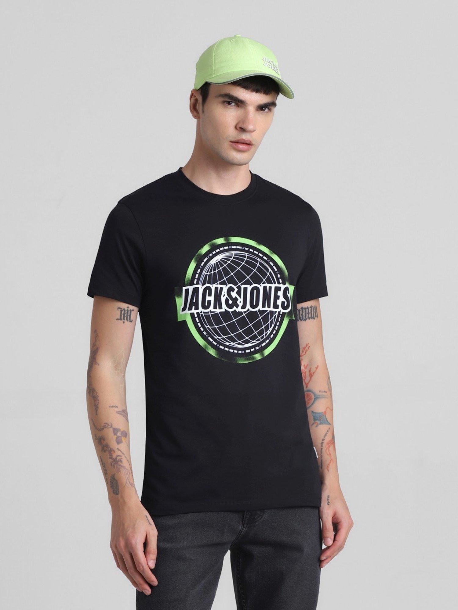 Jack & Jones Jet Black Cotton Slim Fit Printed T-Shirt
