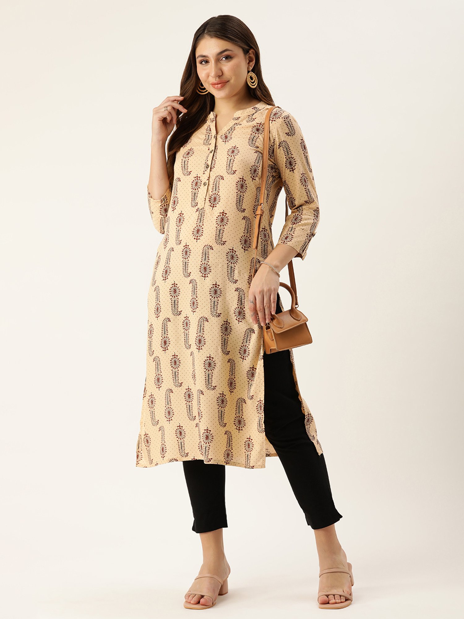 Amukti Beige Printed A Line Kurta
