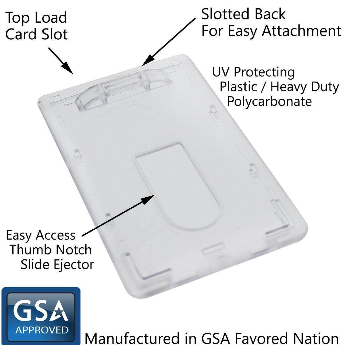 Slim Heavy Duty Badge Holders - Hard Plastic Clear Polycarbonate (HOLDS 1 CARD) - Rigid Top Load Single Card Case - Vertical with Easy Access Thumb Slide Hole and UV Protection by Specialist ID