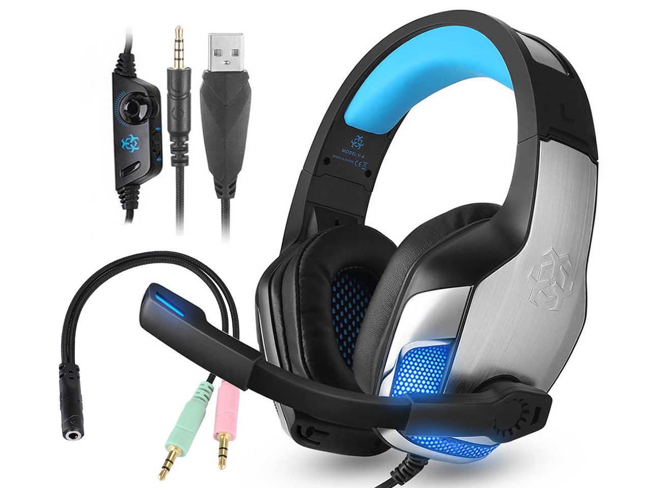For Xbox One PS4 PC Controller V-4 Gaming Headset Headphone Noise Cancelling Over Ear Comfort Wired Headphones with flexibile Mic LED Light Bass Surround Soft Memory Earmuffs For Nintendo Switch PS5