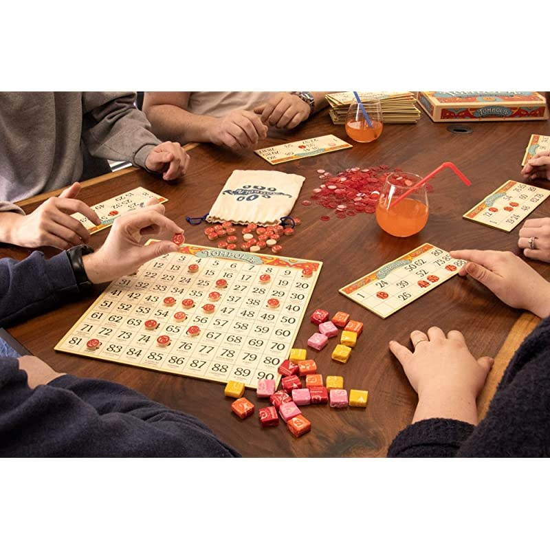 Bingo Board Game | The Italian Game of Chance for Family Friends and Large Parties Up to 24 Players | Includes Calling Board 90 Tombolini Tiles 24 DoubleSided Cards and 360 Chips