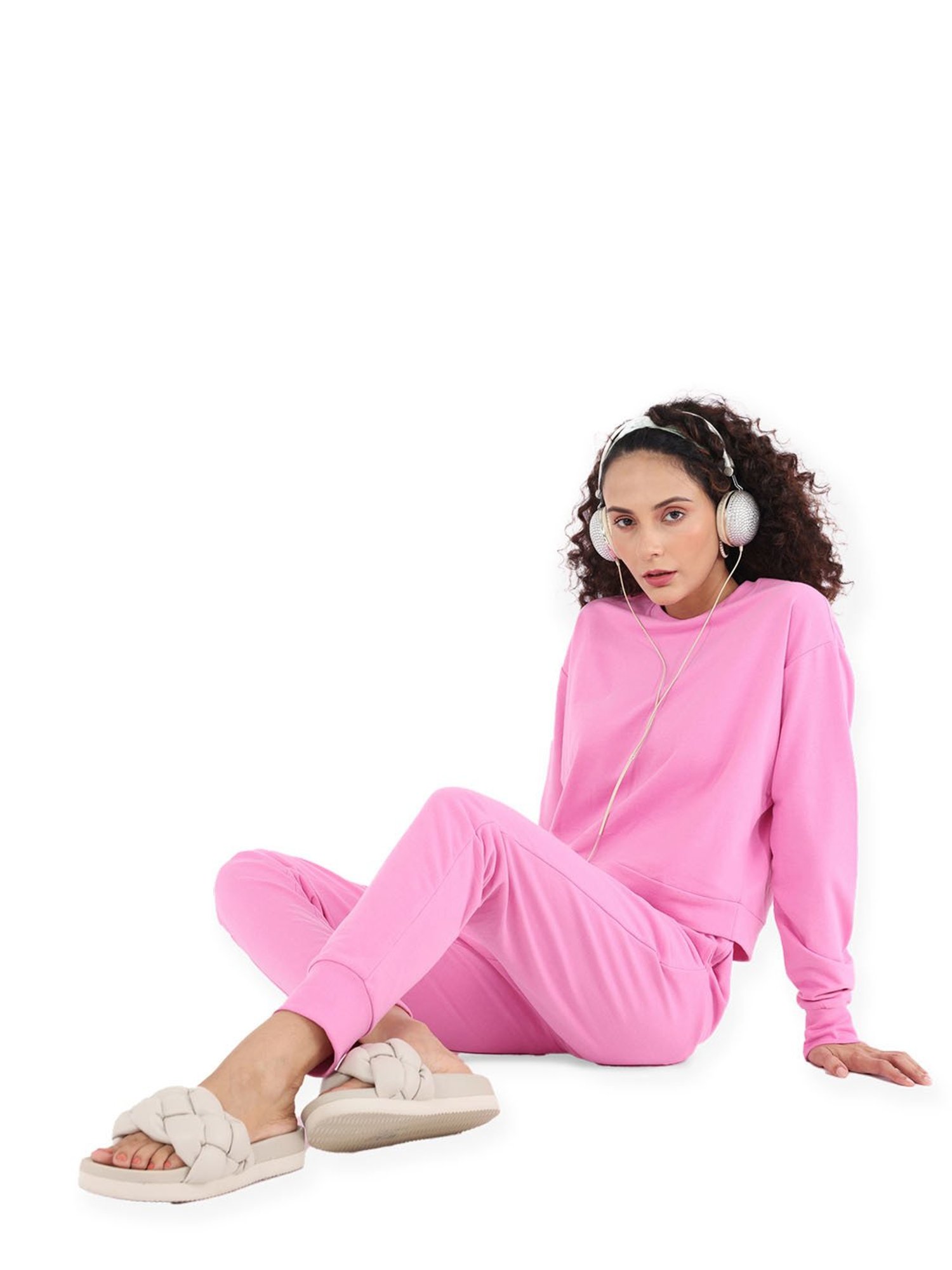 Nite Flite Pink Cotton Crop Sweatshirt With Joggers