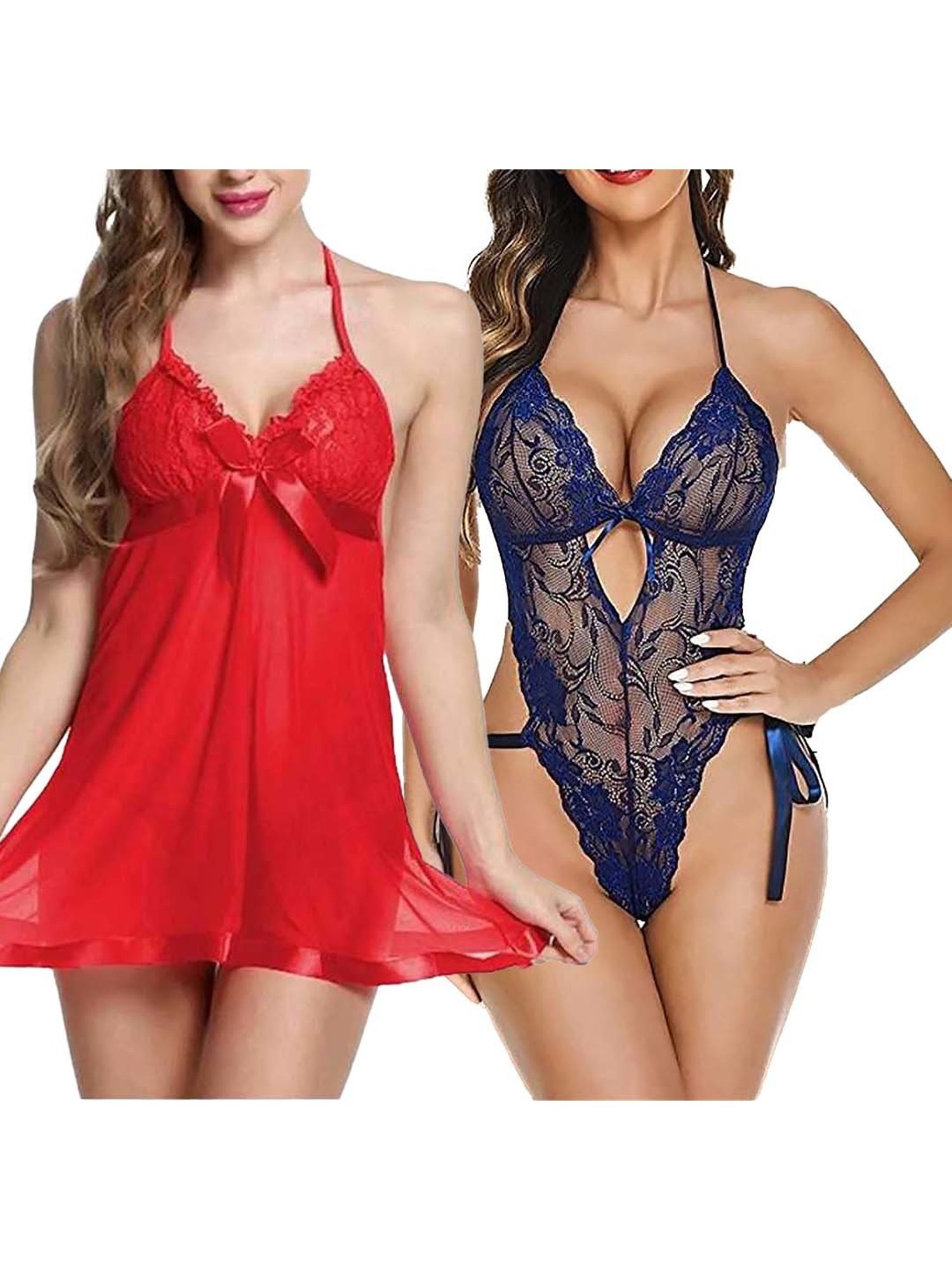 AROUSY Red & Blue Self Pattern Babydolls - Pack Of 2