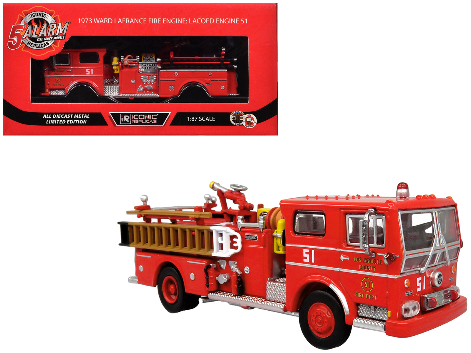 1973 Ward LaFrance Fire Engine "Los Angeles County Fire Department Engine 51" Red "5 Alarm" Series Limited Edition 1/87 (HO) Diecast Model by Iconic Replicas