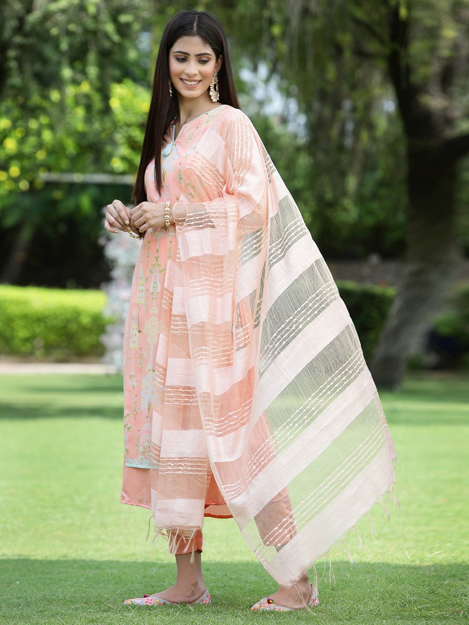 Juniper Orange Ethnic Motif Printed Georgette Kurta Pants & Dupatta Set With Tassels & Lace