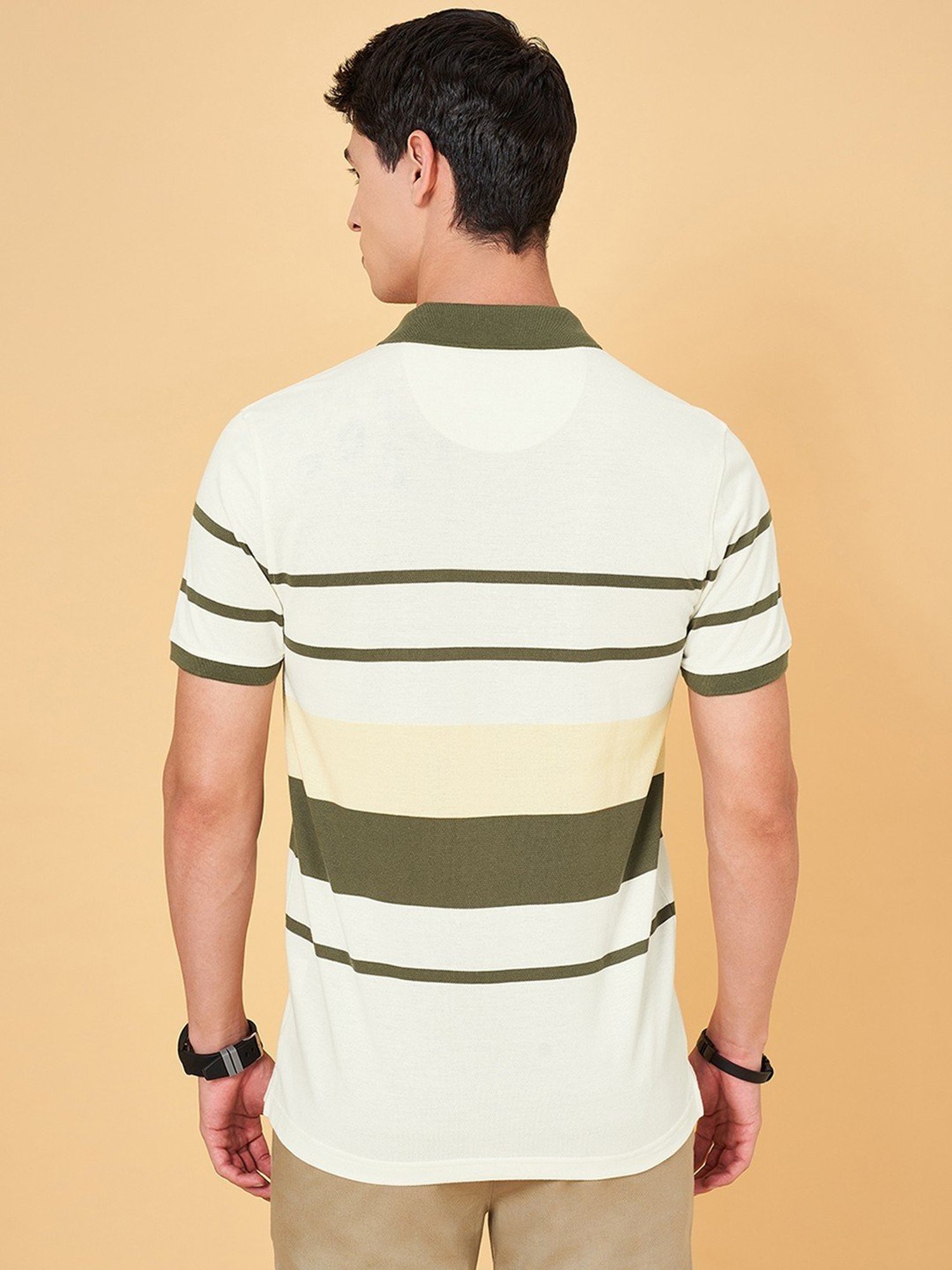 Byford By Pantaloons Green Slim Fit Striped Polo T-Shirt