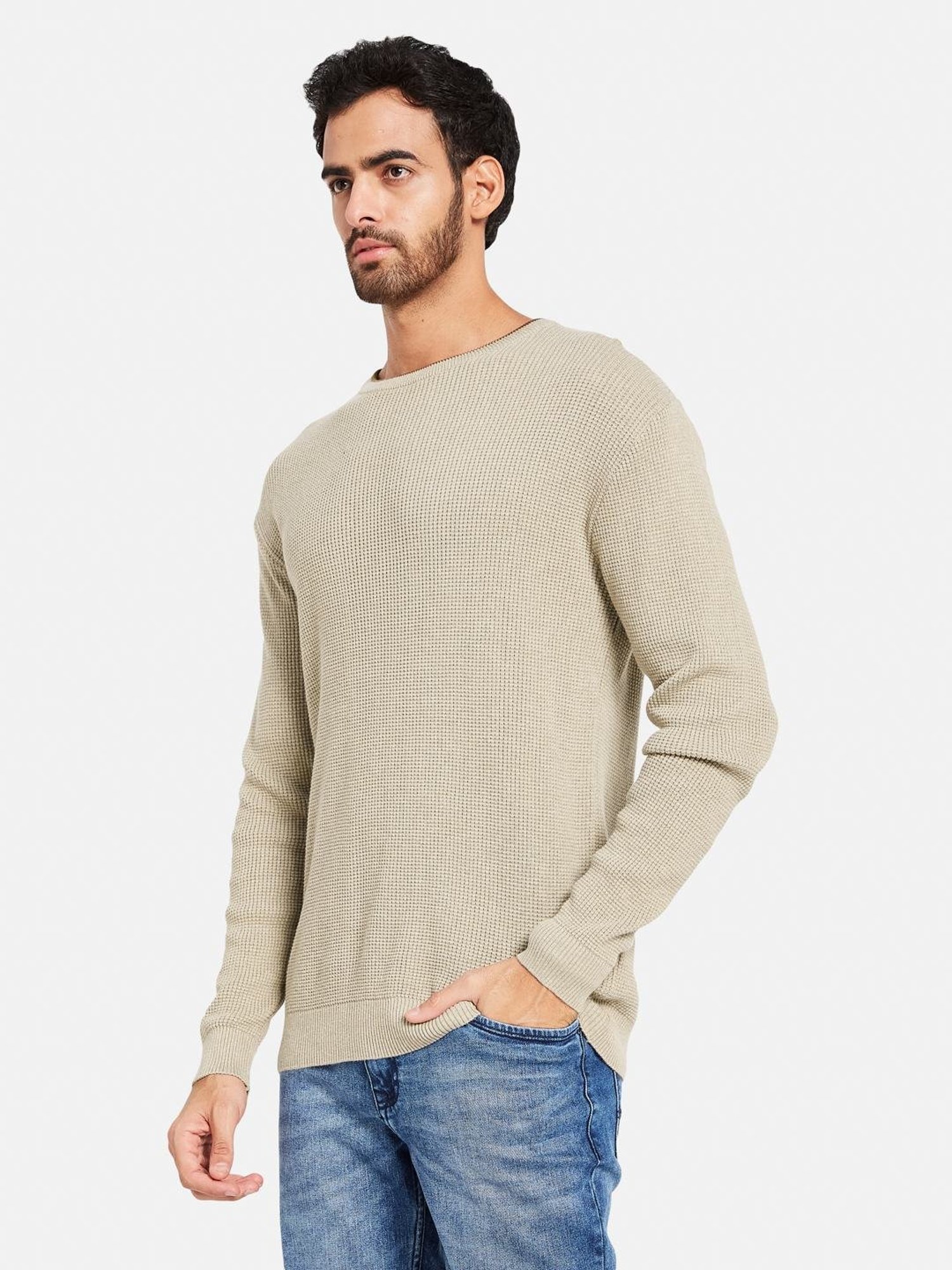 METTLE Khaki Cotton Regular Fit Sweater